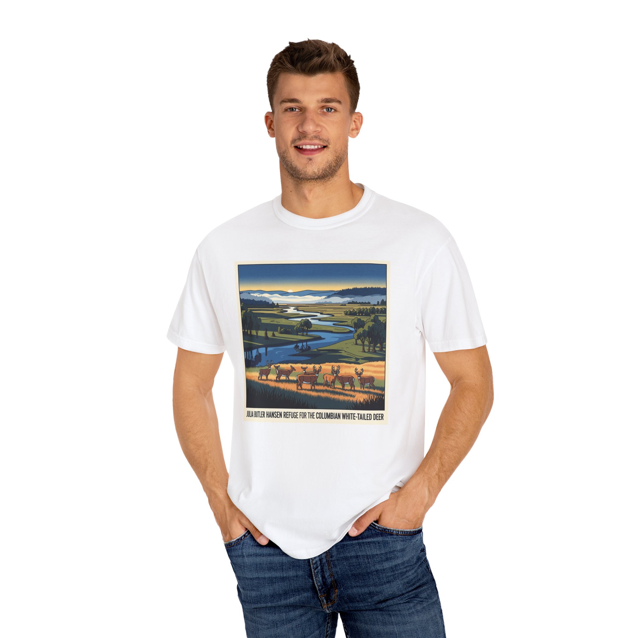 Julia Butler Hansen Refuge for the Columbian White–Tailed Deer WPA Style Unisex T-shirt - Image 4