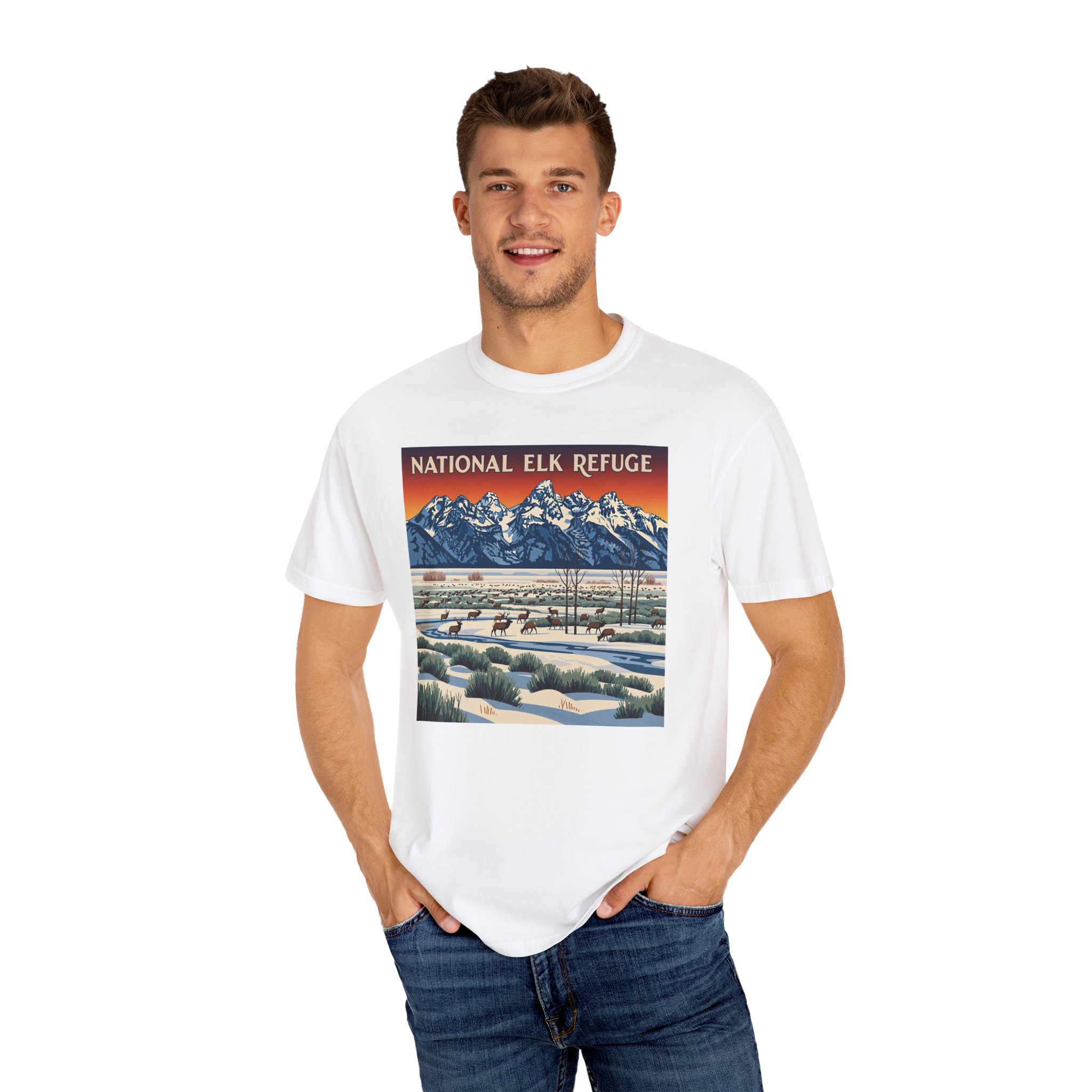 National Elk Refuge WPA Style Unisex T-shirt - Image 4
