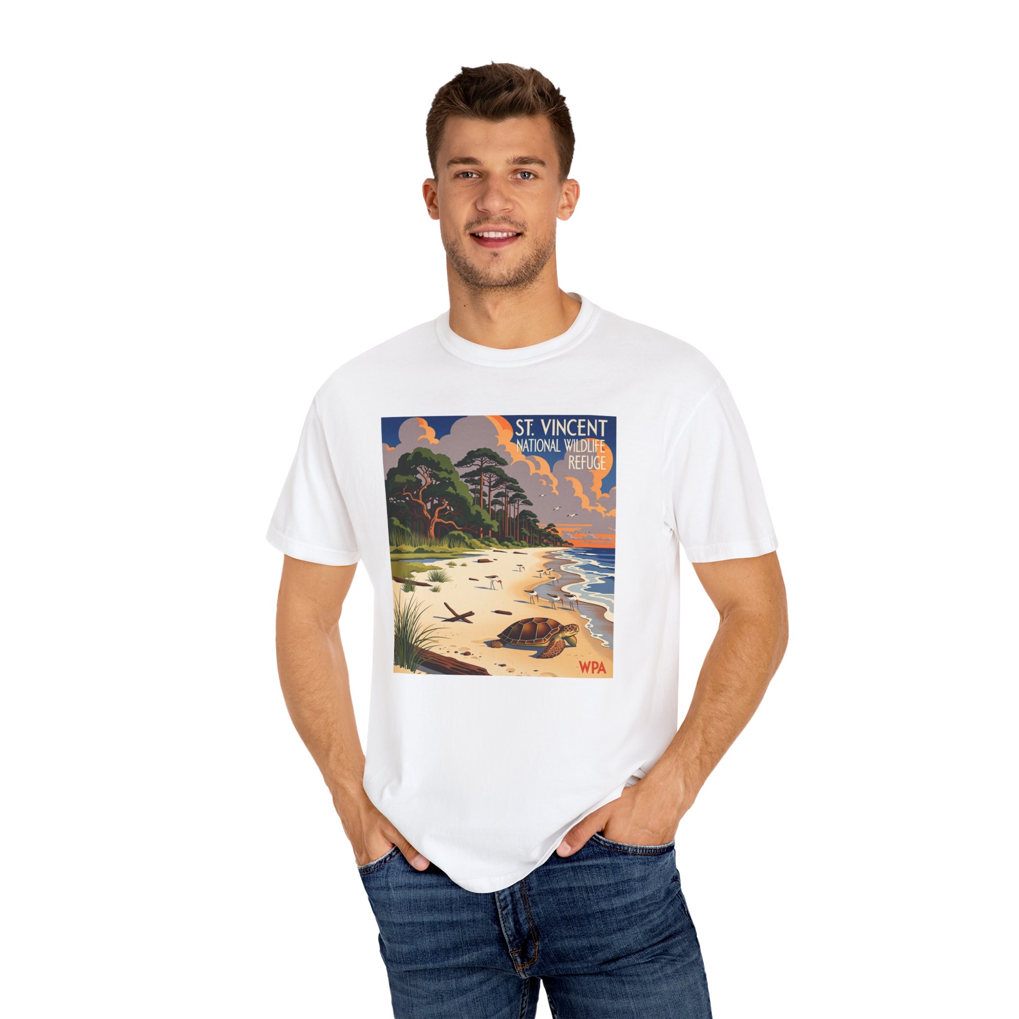 St. Vincent National Wildlife Refuge WPA Style Unisex T-shirt - Image 4