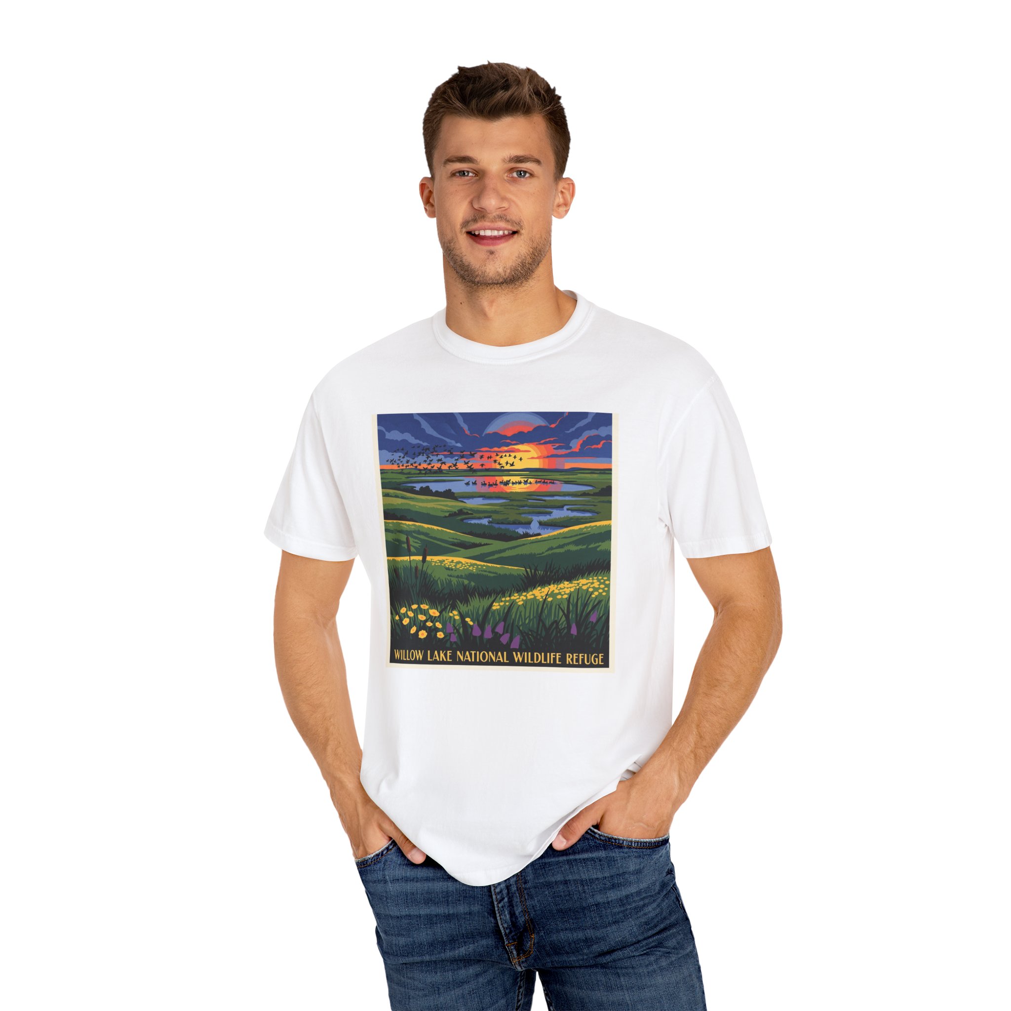 Willow Lake National Wildlife Refuge WPA Style Unisex T-shirt - Image 4