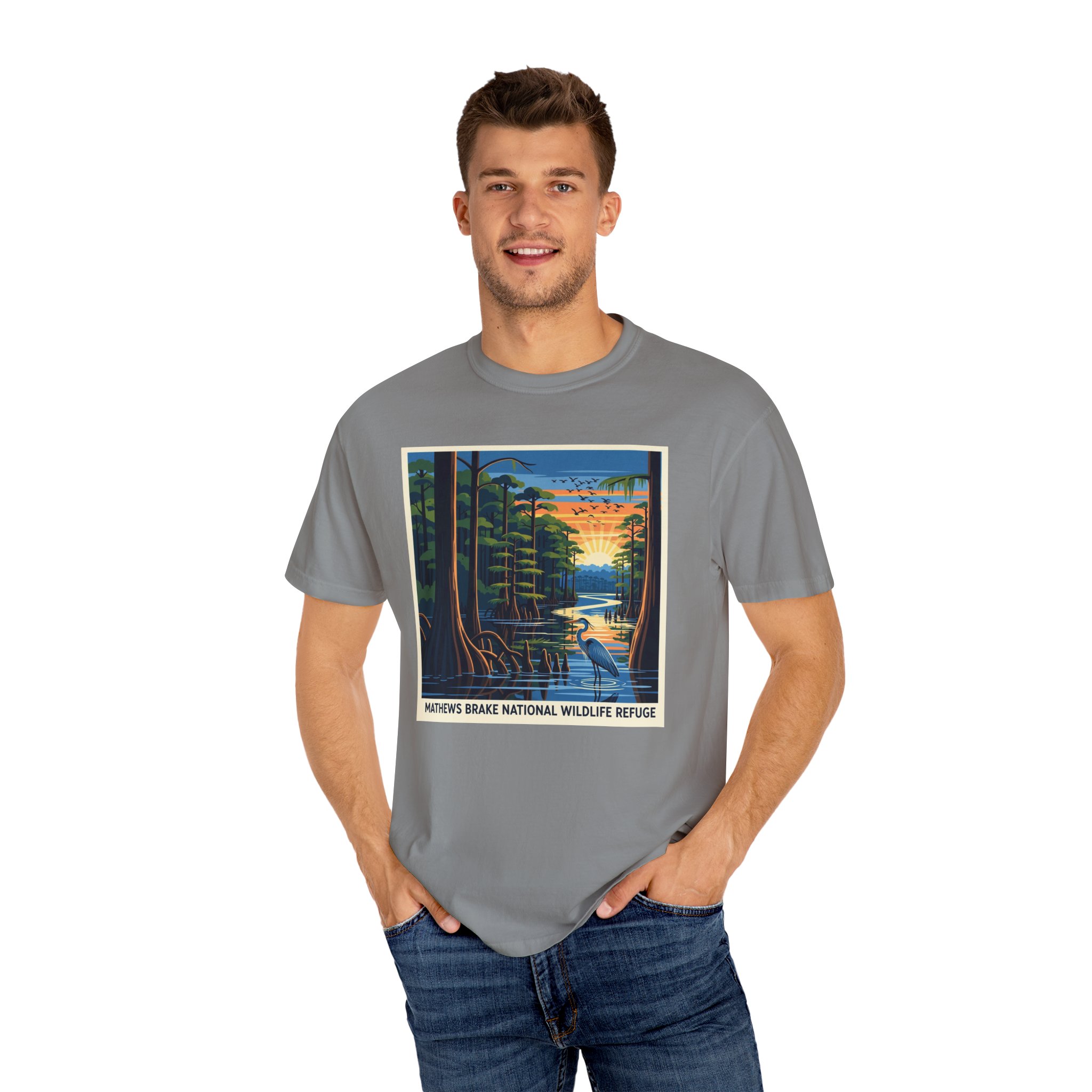Mathews Brake National Wildlife Refuge WPA Style Unisex T-shirt - Image 10